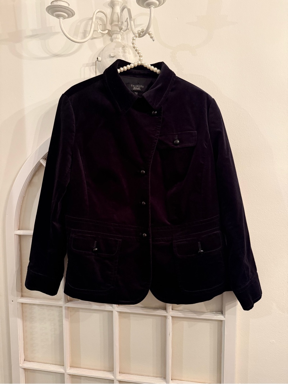 Talbots Women Petites 14 Black Velvet Button Front Blazer Jacket Utility Pocket - Picture 8 of 14